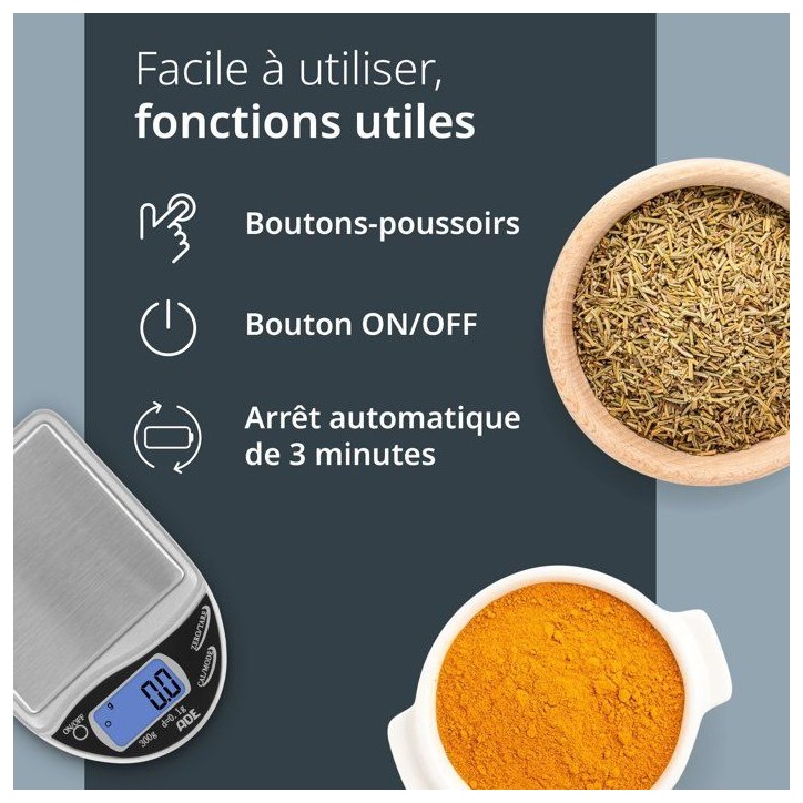 Balance de cuisine digitale - ADE - POCKET - Plastique ABS - De 0,1 a 300 Gr - Inclus 2 piles AAA Balance de cuisine digitale - ADE - POCKET - Plastique ABS - De 0,1 a 300 Gr - Inclus 2 piles AAA