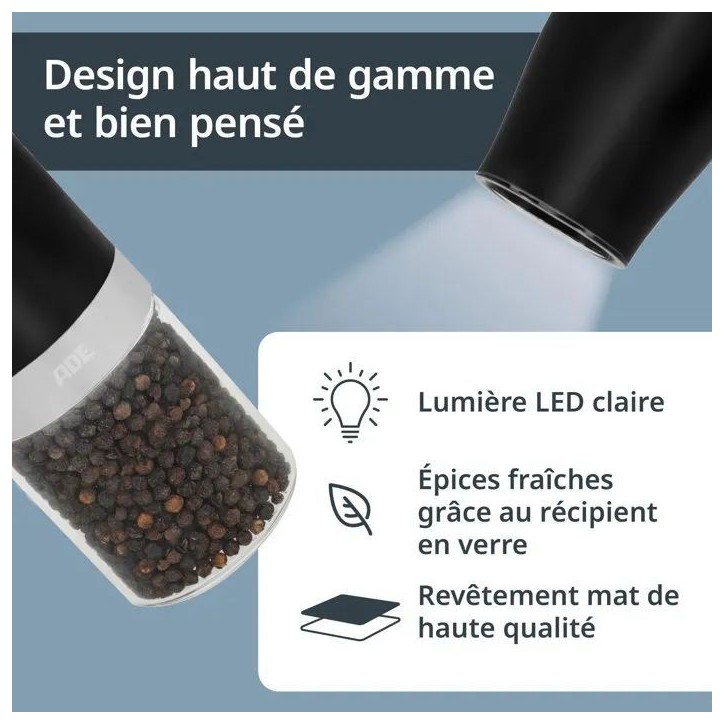 Lot de 2 Moulins électrique - ADE - MILL - Verre/Synthétique - H 18,3 cm - Noir & Blanc