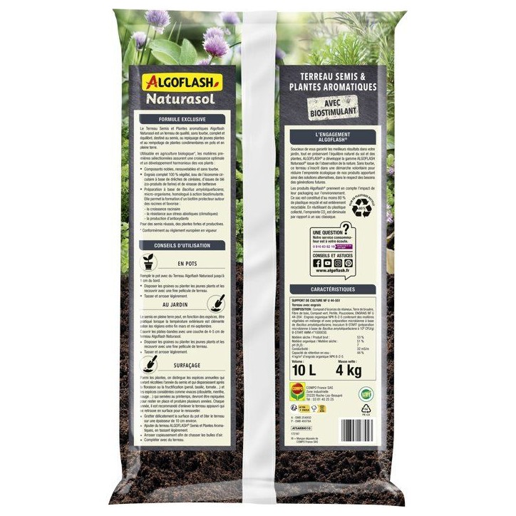 Terreau - ALGOFLASH NATURASOL - Semis plantes aromatiques - Sans tourbe - 10 L