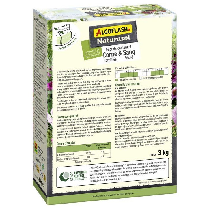 Engrais - ALGOFLASH NATURASOL - Corne torréfiée sang séché - 3 kg Engrais - ALGOFLASH NATURASOL - Corne torréfiée sang séché - 3 kg