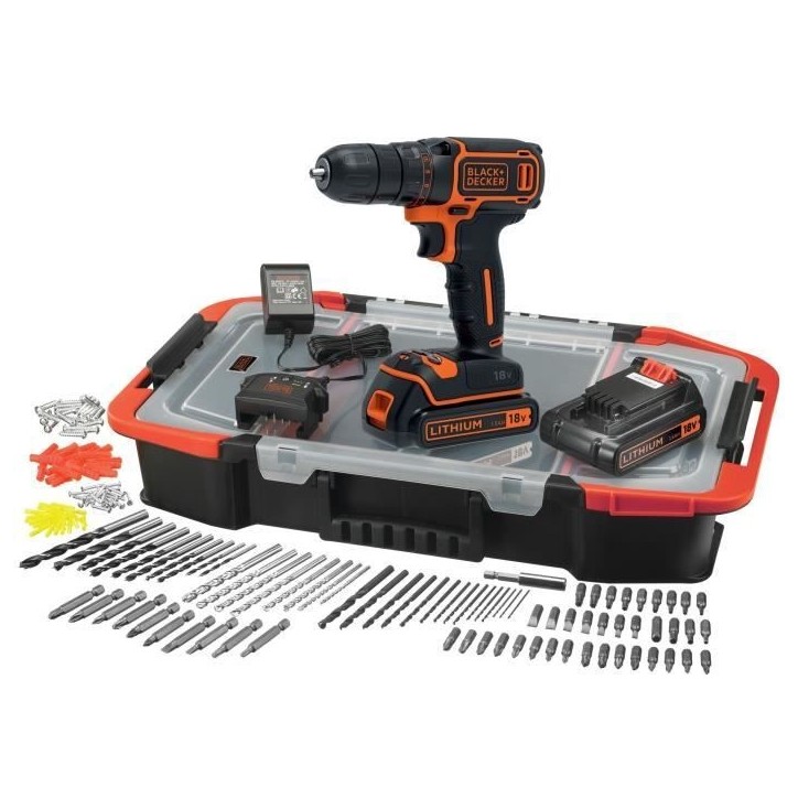 Kit perceuse visseuse sans fil - 18V - BLACK+DECKER - BDCDC18BAST-QW - 2 batteries - chargeur - 160 accessoires