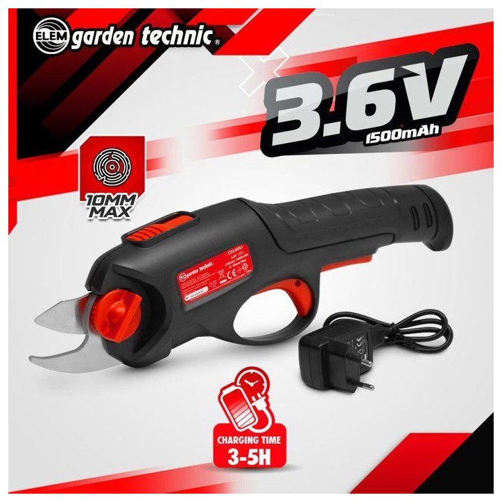 Sécateur rechargeable - Elem Garden - CS3.6VLI - 3.6 V - 1.5 Ah - Inclus une batterie intégrée + chargeur Sécateur rechargeable - Elem Garden - CS3.6VLI - 3.6 V - 1.5 Ah - Inclus une batterie intégrée + chargeur