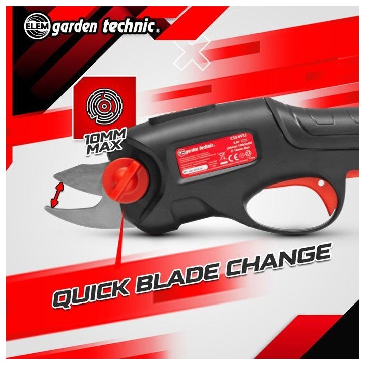 Sécateur rechargeable - Elem Garden - CS3.6VLI - 3.6 V - 1.5 Ah - Inclus une batterie intégrée + chargeur Sécateur rechargeable - Elem Garden - CS3.6VLI - 3.6 V - 1.5 Ah - Inclus une batterie intégrée + chargeur