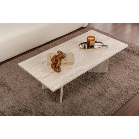 Table basse - SABIN - Travertine - Rectangulaire - Panneaux mélaminés - Travertin - Style élégant - Sur pieds - 119x60x40 cm