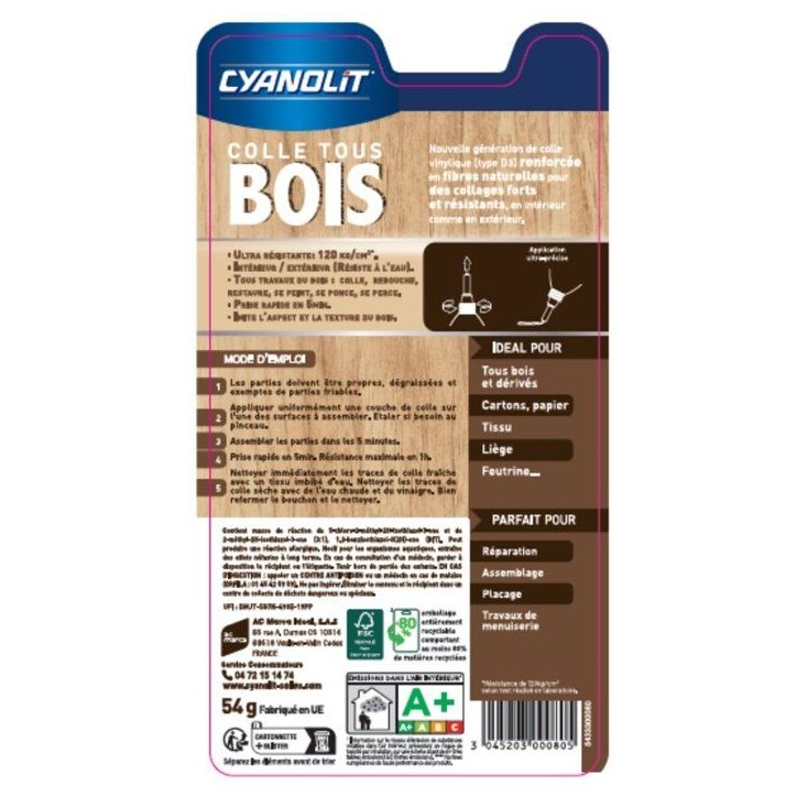Colle bois vinylique (D3) - CYANOLIT - 54 g - Renforcé fibres naturelles - Intérieur extérieur Colle bois vinylique (D3) - CYANOLIT - 54 g - Renforcé fibres naturelles - Intérieur extérieur