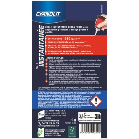 Colle instantanée - CYANOLIT - EXTRA FORTE PRECISION - 4 g - Formule gel - Application précision