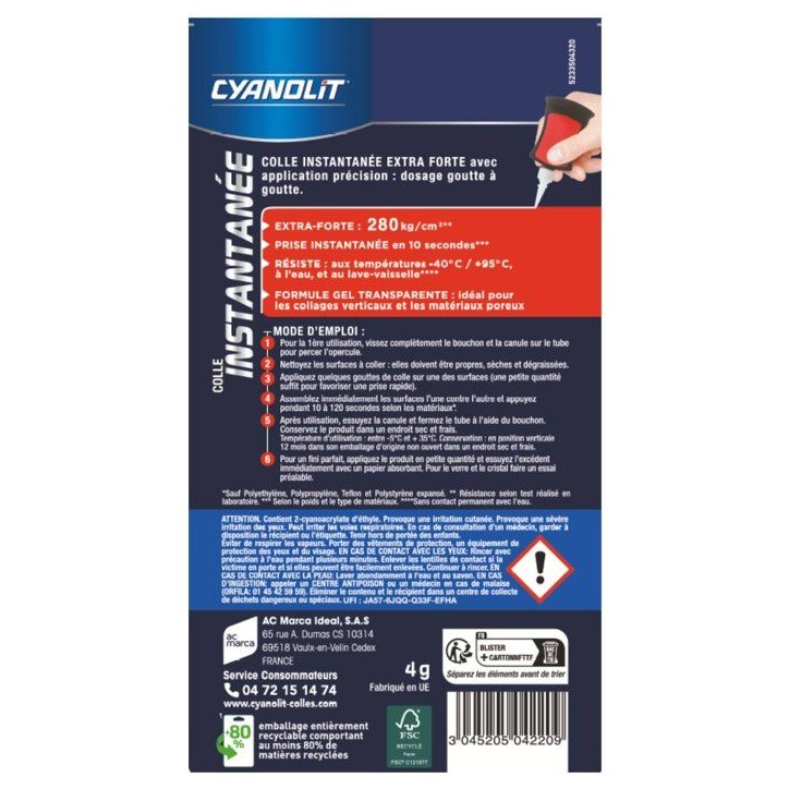 Colle instantanée - CYANOLIT - EXTRA FORTE PRECISION - 4 g - Formule gel - Application précision Colle instantanée - CYANOLIT - EXTRA FORTE PRECISION - 4 g - Formule gel - Application précision