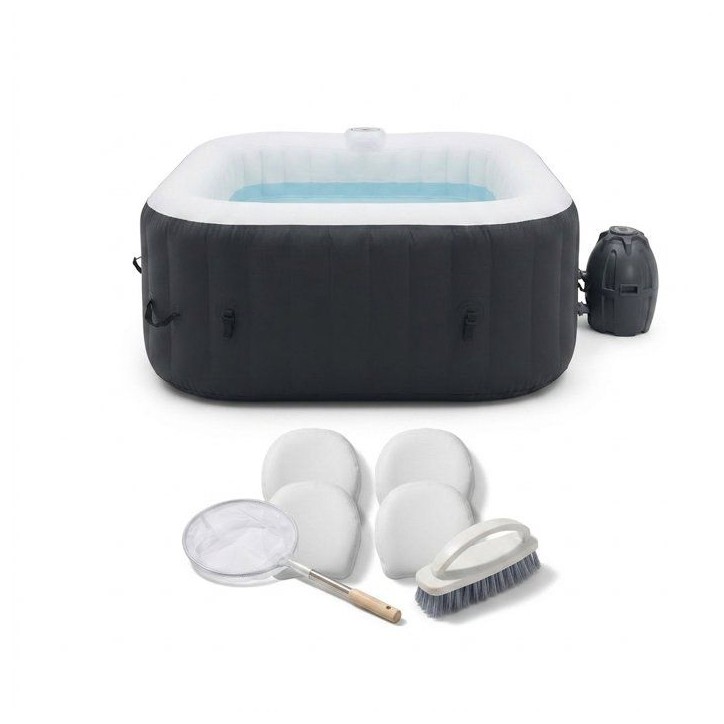 KIT TOUT INCLUS SUNSPA: spa gonflable carré 6 places et accessoires : 4 appuis tetes, filtre, épuisette, brosse, tapis, couver