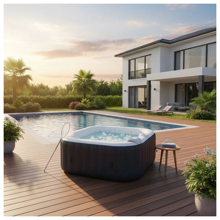 KIT TOUT INCLUS SUNSPA: spa gonflable carré 6 places et accessoires : 4 appuis tetes, filtre, épuisette, brosse, tapis, couver