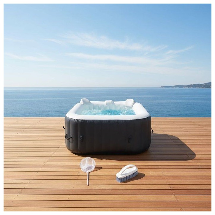 KIT TOUT INCLUS SUNSPA: spa gonflable carré 6 places et accessoires : 4 appuis tetes, filtre, épuisette, brosse, tapis, couver