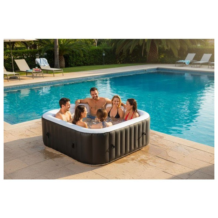 KIT TOUT INCLUS SUNSPA: spa gonflable carré 6 places et accessoires : 4 appuis tetes, filtre, épuisette, brosse, tapis, couver