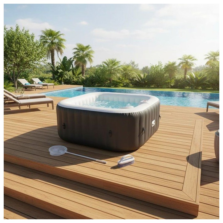 KIT TOUT INCLUS SUNSPA: spa gonflable carré 6 places et accessoires : 4 appuis tetes, filtre, épuisette, brosse, tapis, couver