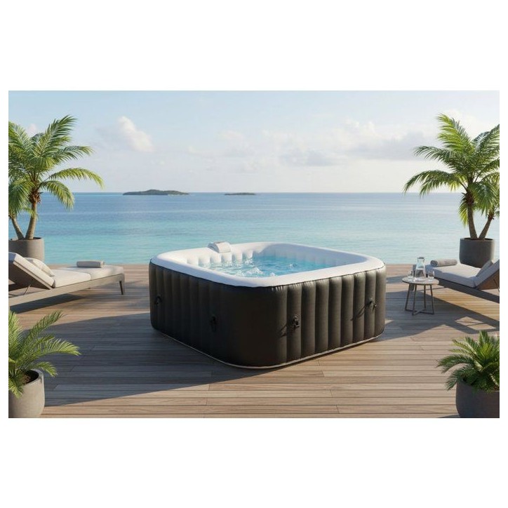 KIT TOUT INCLUS SUNSPA: spa gonflable carré 6 places et accessoires : 4 appuis tetes, filtre, épuisette, brosse, tapis, couver
