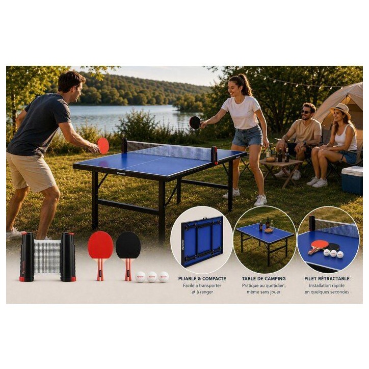 Set mini table de tennis de table DYNAMIC - Table pliable + filet extensible + 2 raquettes + 3 balles