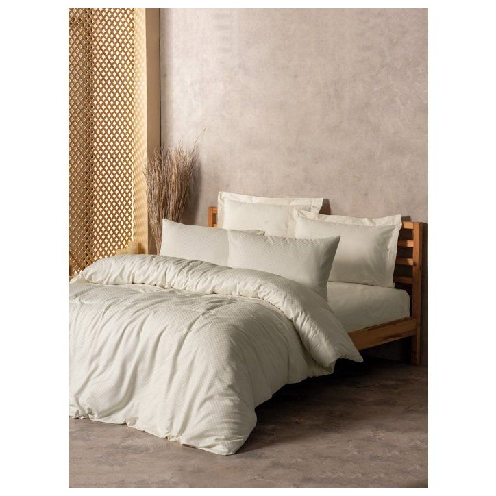 Parure de lit - 1 housse de couette 140 x 200cm + 1 taies d'oreiller 60 x 60 cm - 100% coton renforcé - Imprimé carreaux Creme Parure de lit - 1 housse de couette 140 x 200cm + 1 taies d'oreiller 60 x 60 cm - 100% coton renforcé - Imprimé carreaux Creme