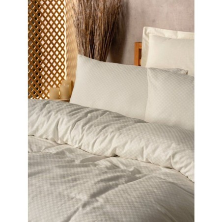 Parure de lit - 1 housse de couette 140 x 200cm + 1 taies d'oreiller 60 x 60 cm - 100% coton renforcé - Imprimé carreaux Creme