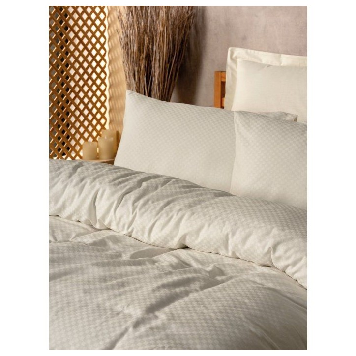 Parure de lit - 1 housse de couette 140 x 200cm + 1 taies d'oreiller 60 x 60 cm - 100% coton renforcé - Imprimé carreaux Creme Parure de lit - 1 housse de couette 140 x 200cm + 1 taies d'oreiller 60 x 60 cm - 100% coton renforcé - Imprimé carreaux Creme