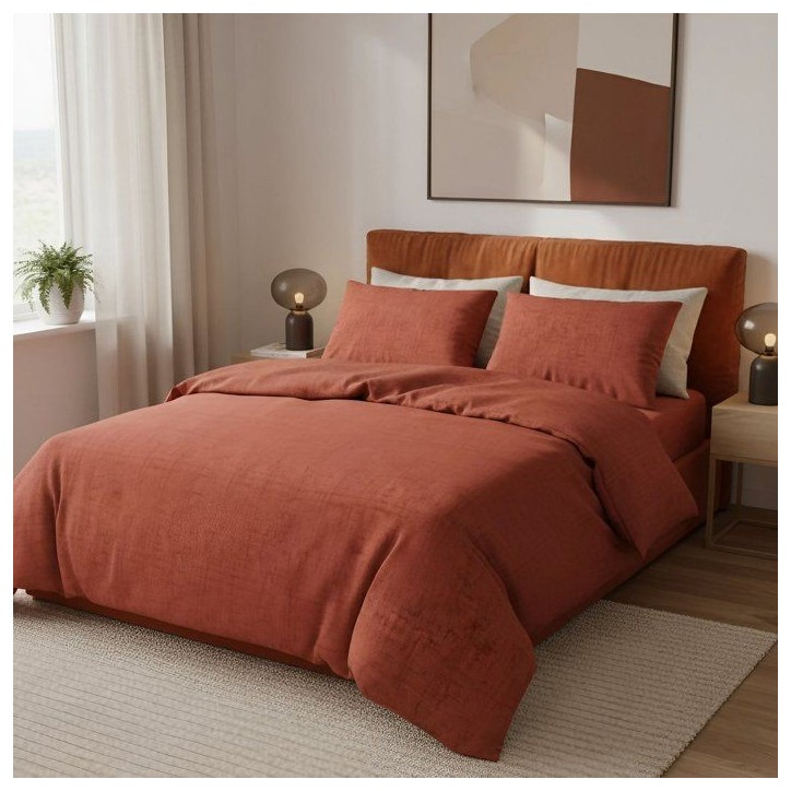 Parure de lit King Size - 1 housse de couette 240 x 220 cm + 2 taies d'oreiller 60 x 60 cm - 100% coton renforcé - Rouge brique Parure de lit King Size - 1 housse de couette 240 x 220 cm + 2 taies d'oreiller 60 x 60 cm - 100% coton renforcé - Rouge brique