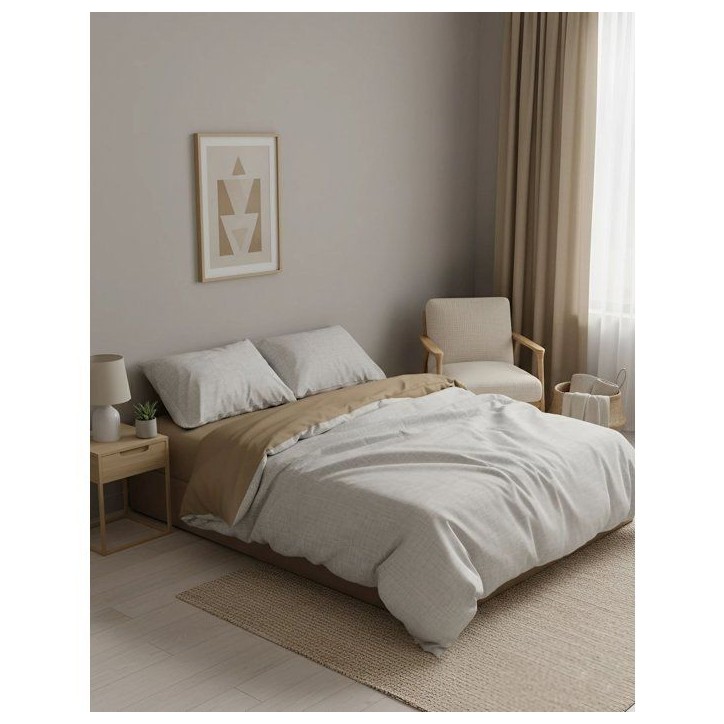 Parure de lit King Size - 1 housse de couette 240 x 220 cm + 2 taies d'oreiller 60 x 60 cm - 100% coton renforcé - Beige