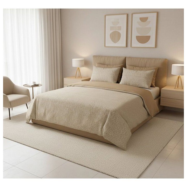 Parure de lit - 1 housse de couette 140 x 200 cm + 1 taie d'oreiller 60 x 60 cm - 100% coton renforcé - Gris / Moutarde / Blanc