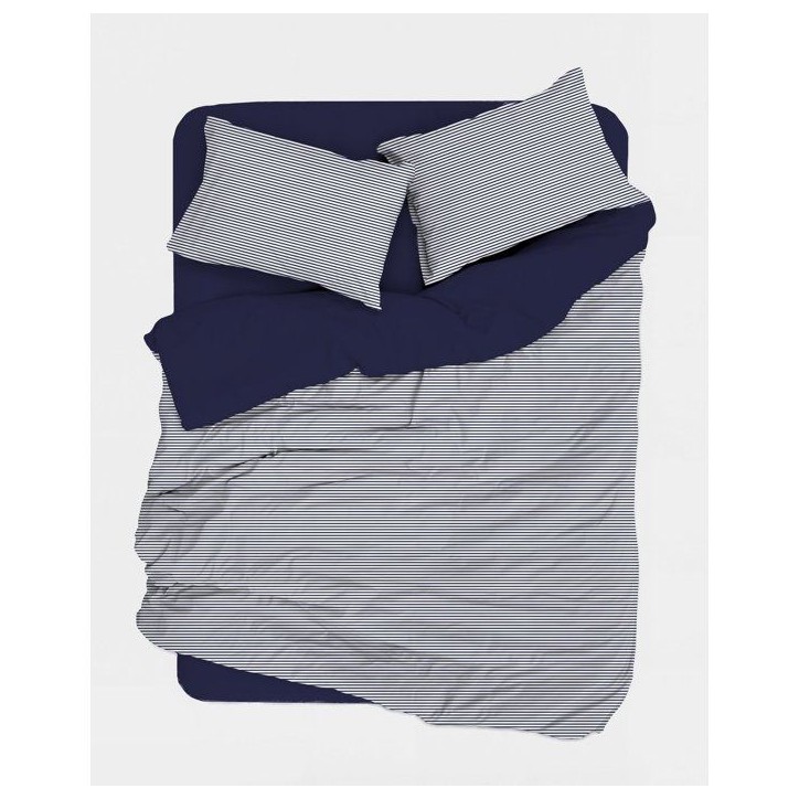 Parure de lit - 1 housse de couette 140 x 200 cm + 1 taie d'oreiller 60 x 60 cm - 100% coton renforcé - Rayures Bleu foncé