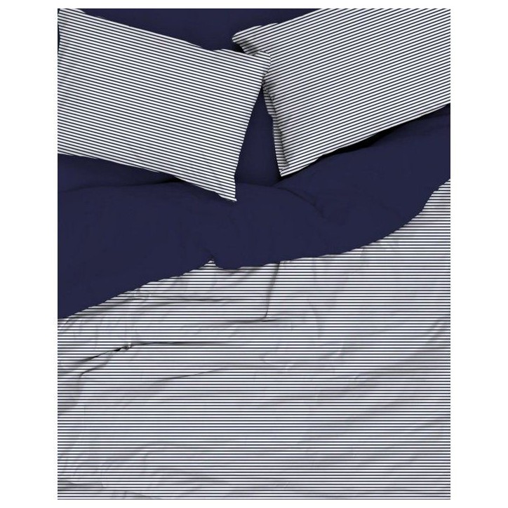 Parure de lit - 1 housse de couette 140 x 200 cm + 1 taie d'oreiller 60 x 60 cm - 100% coton renforcé - Rayures Bleu foncé