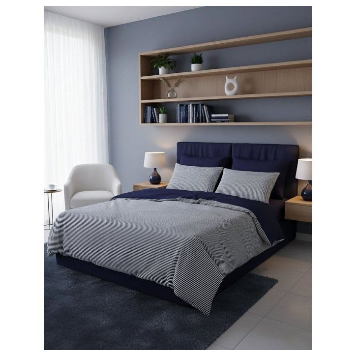 Parure de lit King Size - 1 housse de couette 240 x 220 cm + 2 taies d'oreiller 60 x 60 cm - 100% coton renforcé -Rayures Bleu