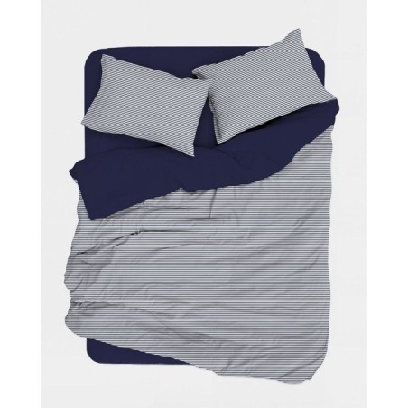 Parure de lit King Size - 1 housse de couette 240 x 220 cm + 2 taies d'oreiller 60 x 60 cm - 100% coton renforcé -Rayures Bleu