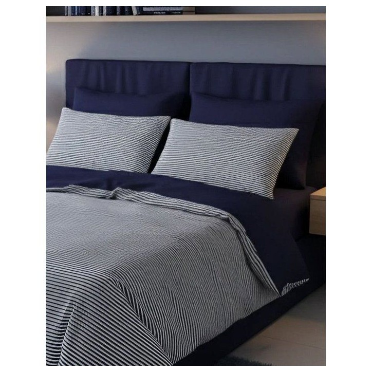 Parure de lit King Size - 1 housse de couette 240 x 220 cm + 2 taies d'oreiller 60 x 60 cm - 100% coton renforcé -Rayures Bleu