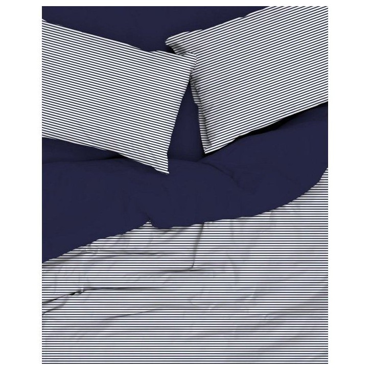 Parure de lit King Size - 1 housse de couette 240 x 220 cm + 2 taies d'oreiller 60 x 60 cm - 100% coton renforcé -Rayures Bleu