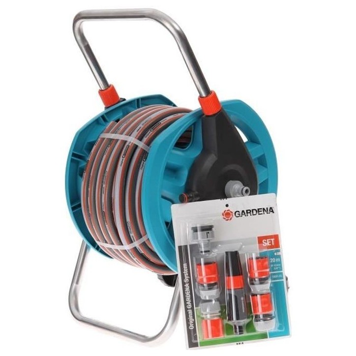 GARDENA Dévidoir portable équipé – Longueur 20m – Raccord anti-goutte – Kit complet tuyau d'arrosage – Garantie 5 ans