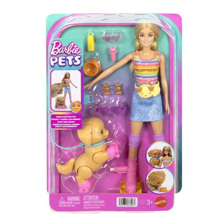 Poupée mannequin - Barbie - Et son Chiot sur Patins a Roulettes - 16 accessoires inclus - Des 3 ans