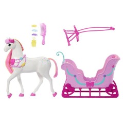 Accessoire pour poupée - Barbie - Traîneau et Cheval Casse-Noisette - Attelage 2 places - Des 3 ans