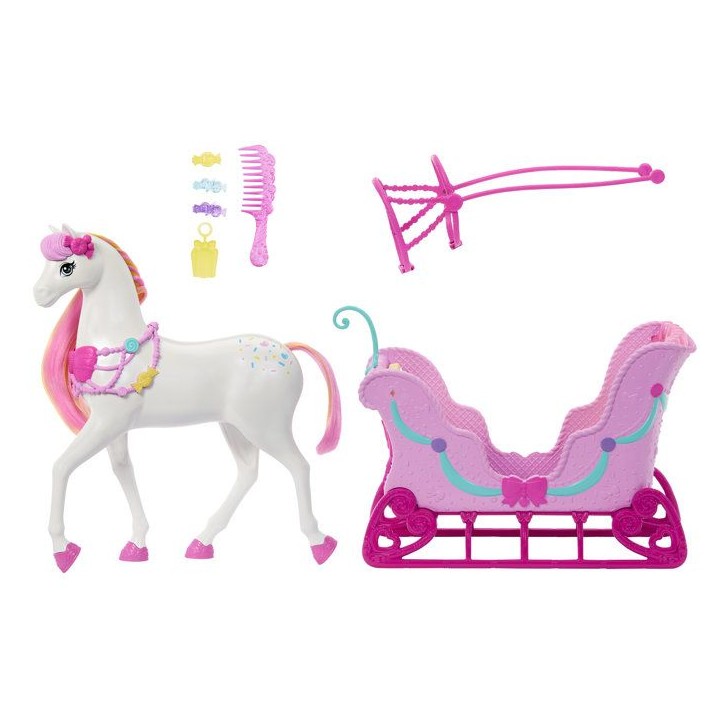 Accessoire pour poupée - Barbie - Traîneau et Cheval Casse-Noisette - Attelage 2 places - Des 3 ans