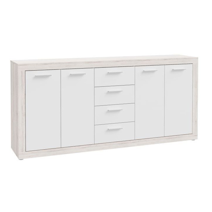 Buffet - BACCIO - Chene / Blanc mat - 4 portes - 4 tiroirs - 197,1 x 41 x 91,9 cm Buffet - BACCIO - Chene / Blanc mat - 4 portes - 4 tiroirs - 197,1 x 41 x 91,9 cm