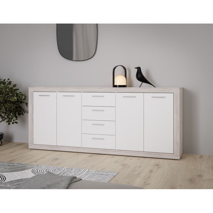 Buffet - BACCIO - Chene / Blanc mat - 4 portes - 4 tiroirs - 197,1 x 41 x 91,9 cm Buffet - BACCIO - Chene / Blanc mat - 4 portes - 4 tiroirs - 197,1 x 41 x 91,9 cm