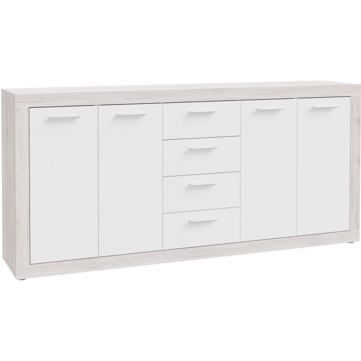Buffet - BACCIO - Chene / Blanc mat - 4 portes - 4 tiroirs - 197,1 x 41 x 91,9 cm Buffet - BACCIO - Chene / Blanc mat - 4 portes - 4 tiroirs - 197,1 x 41 x 91,9 cm