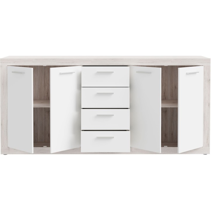 Buffet - BACCIO - Chene / Blanc mat - 4 portes - 4 tiroirs - 197,1 x 41 x 91,9 cm Buffet - BACCIO - Chene / Blanc mat - 4 portes - 4 tiroirs - 197,1 x 41 x 91,9 cm