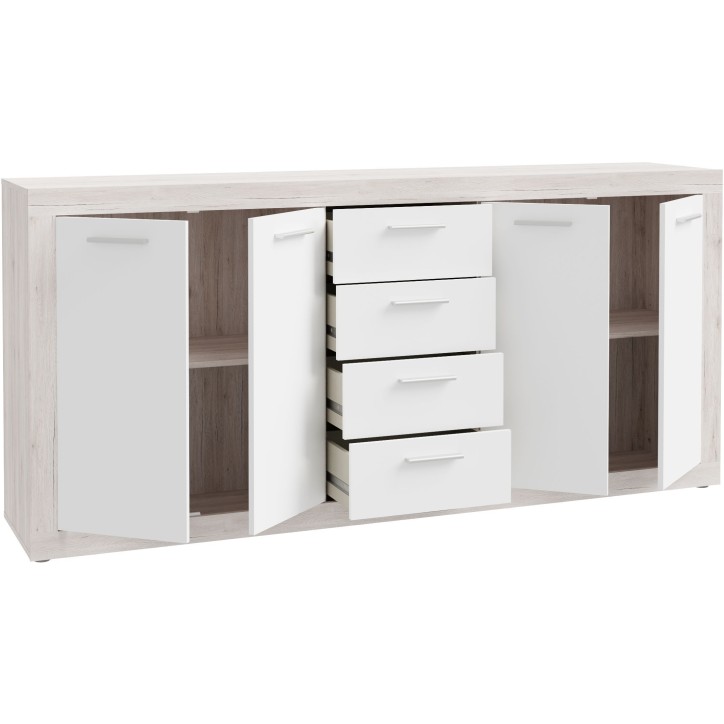 Buffet - BACCIO - Chene / Blanc mat - 4 portes - 4 tiroirs - 197,1 x 41 x 91,9 cm Buffet - BACCIO - Chene / Blanc mat - 4 portes - 4 tiroirs - 197,1 x 41 x 91,9 cm