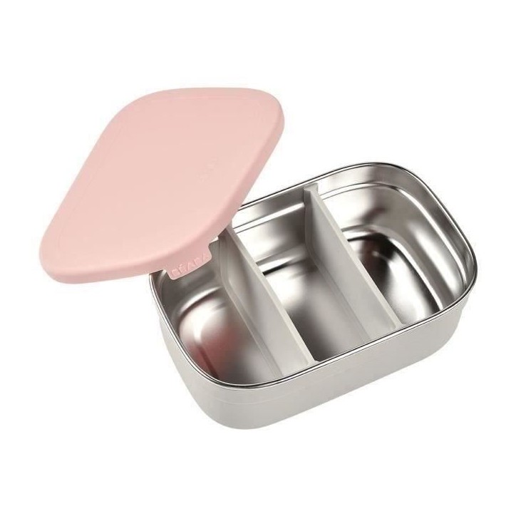 BEABA, Boîte repas enfant en inox, couvercle en silicone et housse de protection, Gris velours et rose poudré BEABA, Boîte repas enfant en inox, couvercle en silicone et housse de protection, Gris velours et rose poudré