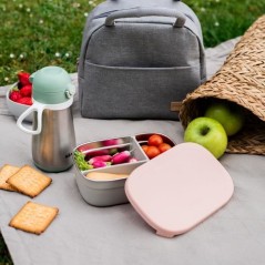 BEABA, Boîte repas enfant en inox, couvercle en silicone et housse de protection, Gris velours et rose poudré
