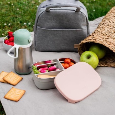 BEABA, Boîte repas enfant en inox, couvercle en silicone et housse de protection, Gris velours et rose poudré