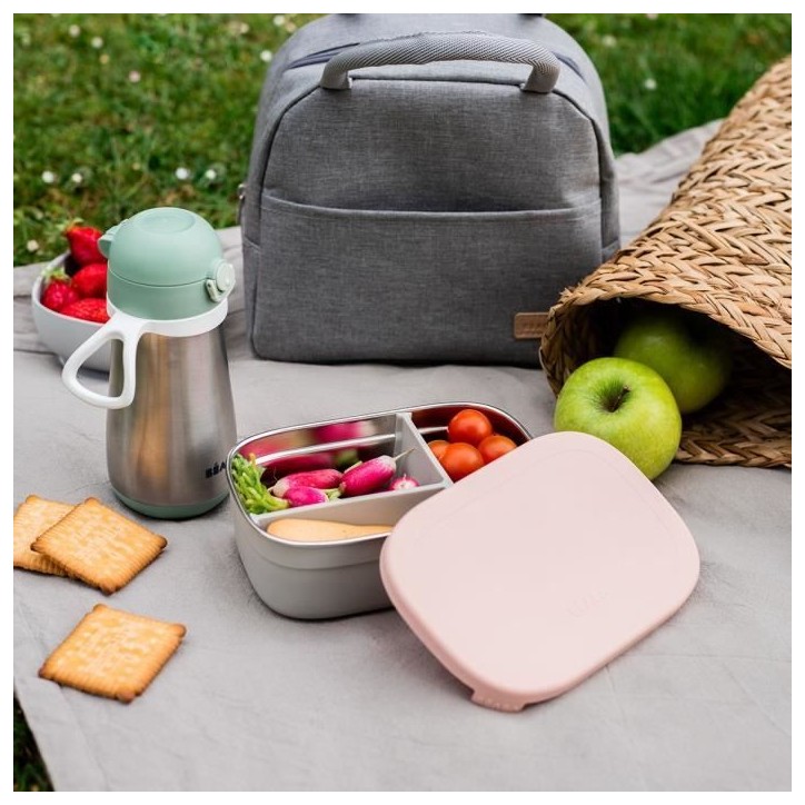 BEABA, Boîte repas enfant en inox, couvercle en silicone et housse de protection, Gris velours et rose poudré BEABA, Boîte repas enfant en inox, couvercle en silicone et housse de protection, Gris velours et rose poudré