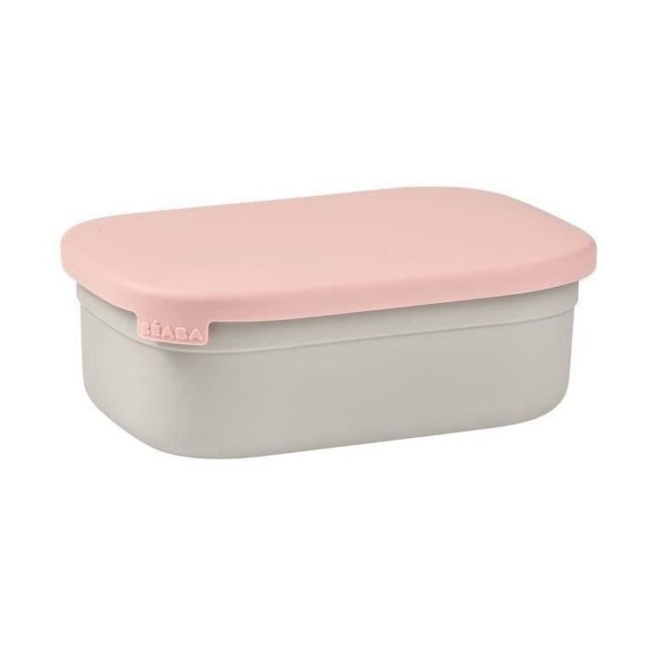 BEABA, Boîte repas enfant en inox, couvercle en silicone et housse de protection, Gris velours et rose poudré BEABA, Boîte repas enfant en inox, couvercle en silicone et housse de protection, Gris velours et rose poudré