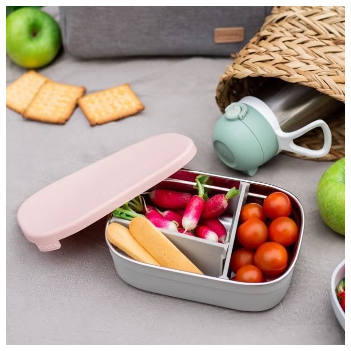 BEABA, Boîte repas enfant en inox, couvercle en silicone et housse de protection, Gris velours et rose poudré BEABA, Boîte repas enfant en inox, couvercle en silicone et housse de protection, Gris velours et rose poudré