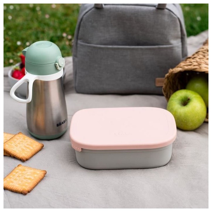 BEABA, Boîte repas enfant en inox, couvercle en silicone et housse de protection, Gris velours et rose poudré BEABA, Boîte repas enfant en inox, couvercle en silicone et housse de protection, Gris velours et rose poudré