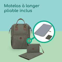 BEBECONFORT Sac a dos a langer bébé, Matelas a langer inclus , Poches isothermes, Finitions cuir, Mineral green