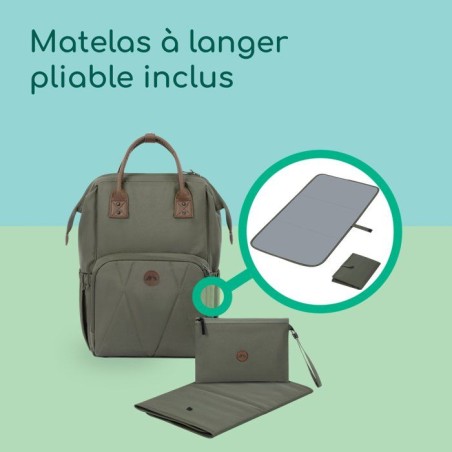 BEBECONFORT Sac a dos a langer bébé, Matelas a langer inclus , Poches isothermes, Finitions cuir, Mineral green