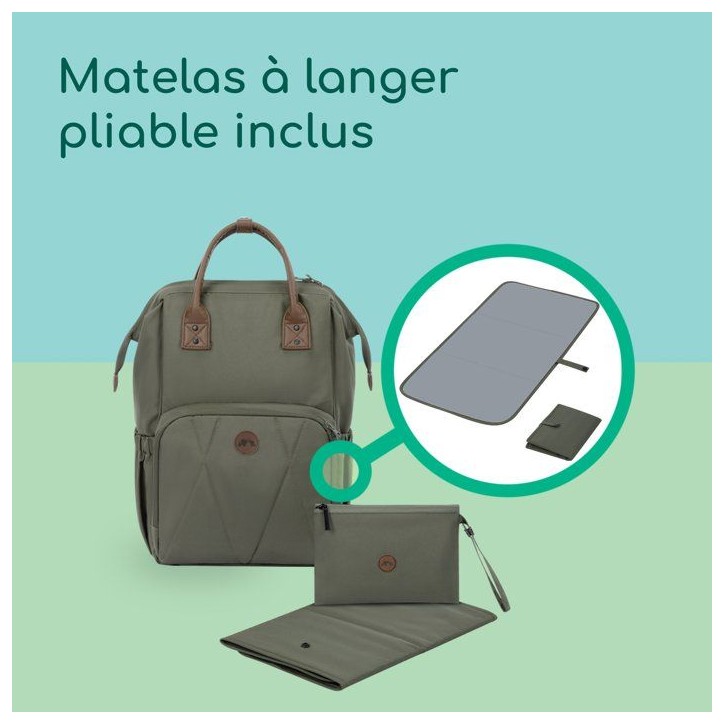 BEBECONFORT Sac a dos a langer bébé, Matelas a langer inclus , Poches isothermes, Finitions cuir, Mineral green