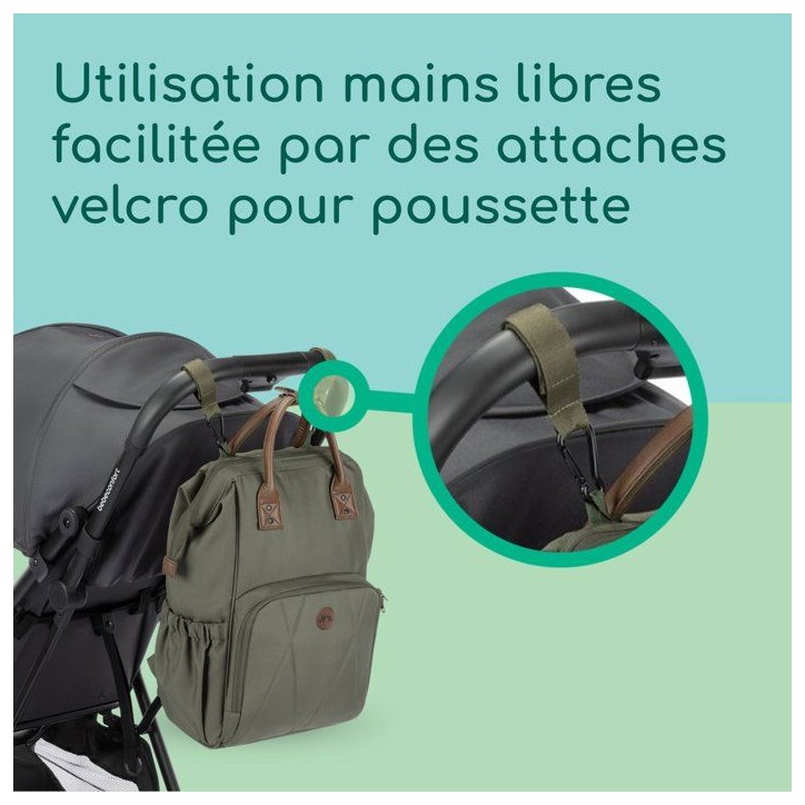 BEBECONFORT Sac a dos a langer bébé, Matelas a langer inclus , Poches isothermes, Finitions cuir, Mineral green